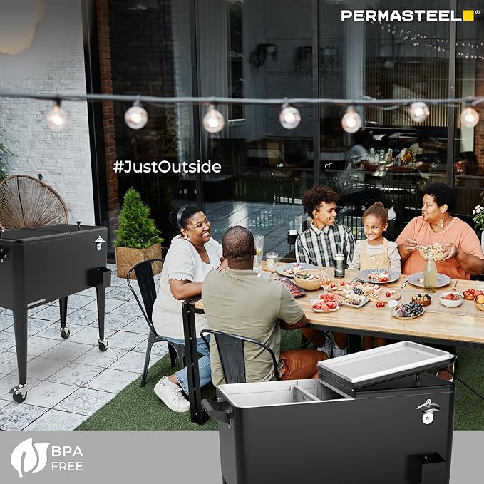 Permasteel 80 Quart Party Cooler, Rolling Ice Chest with Wheels and Handles for Indoor Outdoor Patio