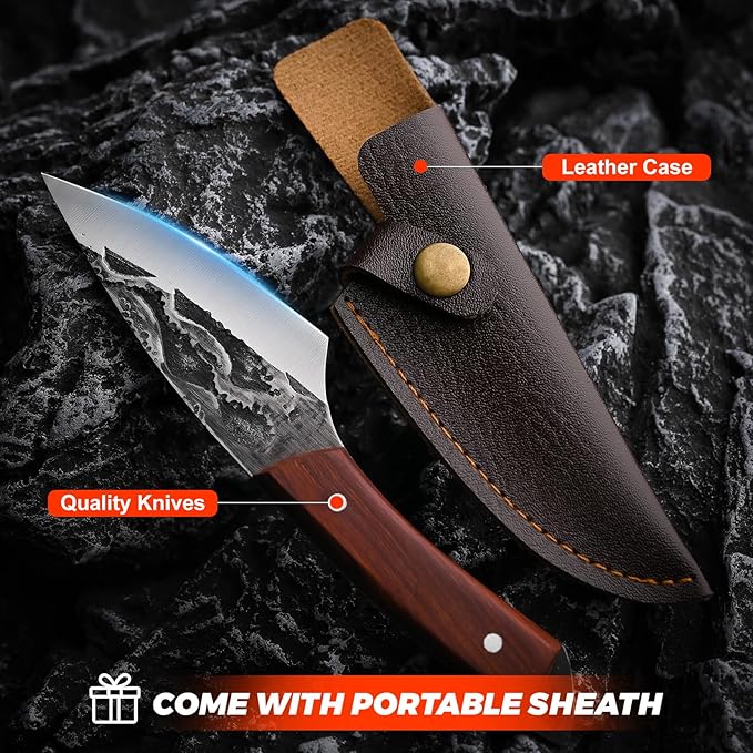 Hand-Forged Kitchen Knife, 5-Piece Professional Chef Knife Set, Outdoor, BBQ Meat Cleaver Cooking, Forged Kitchen Knives with High-Carbon Stainless Steel Cutlery and Leather Sheath.