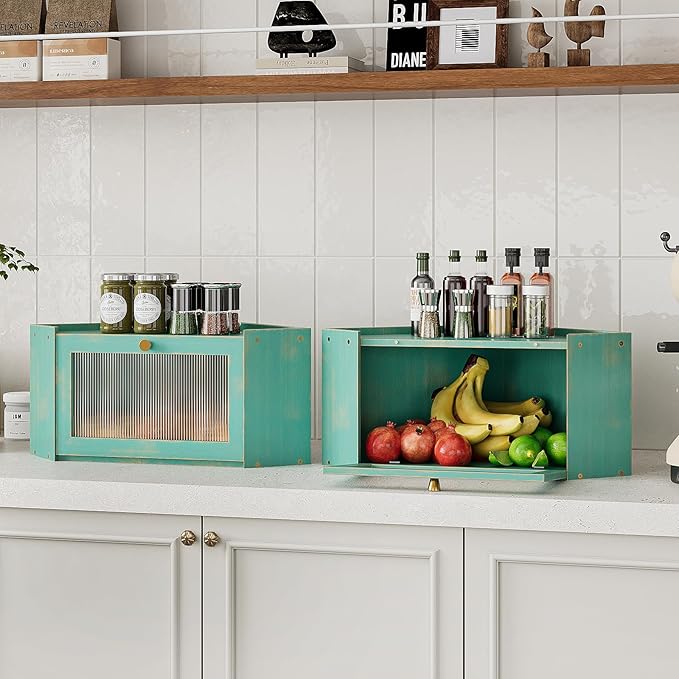 Corner Bamboo Bread Box for Kitchen Counter Large Capacity Rustic Bread Storage Container with Wavy Arcylic Transparent Door Vintage Storage for Homemade Bread (Antique Blue)