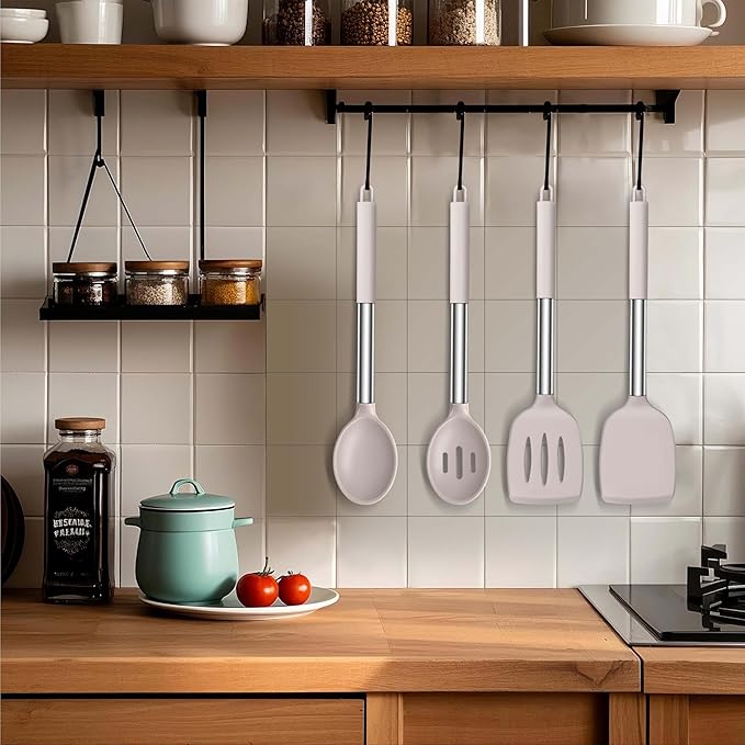 LIANYU 4Pcs Kitchen Utensils Set, Silicone Cooking Utensil Spatula Set, Heat Resistant Kitchen Tools for Nonstick Cookware, Stainless Steel Handle, Dishwasher Safe, Khaki