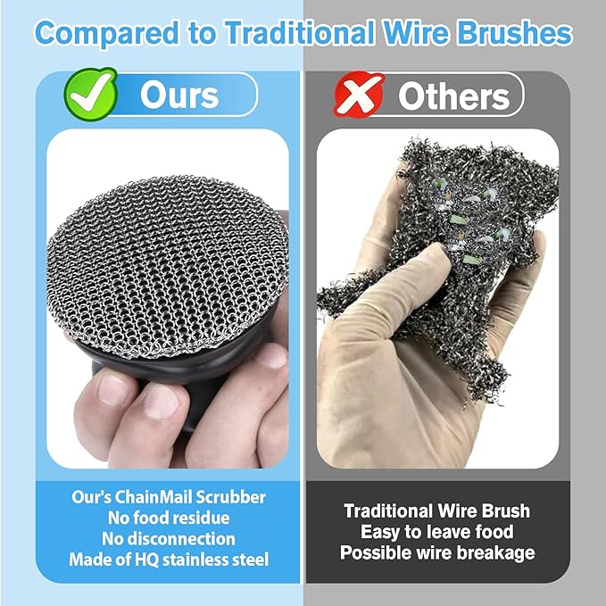 Onewly Cast Iron Scrubber and Scraper, Chain Mail Scrubber Cast Iron for Cleaning Dishes, Stock Pots, Pans, Griddles, Grills, Dish Scouring Pads