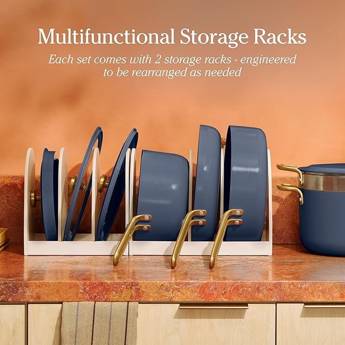 Our Place Essential Cookware Set – 11-Piece Ceramic Nonstick Set with 10" Frypan, Saucepan, Saute Pan, Stock Pot, Storage Racks and Strainer with Thermakind™ | Oven Safe up to 450°F | Cream