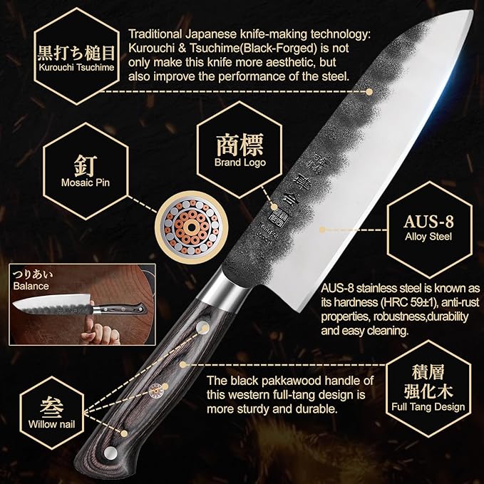 7 Inch Santoku Knife, Black Forged Japanese Chef Knife with AUS-8 Alloy Steel, Japanese Santoku Knife with Full Tang Pakkawood Handle, Christmas Gift with Premium Box (7 Inch Santoku Knife)