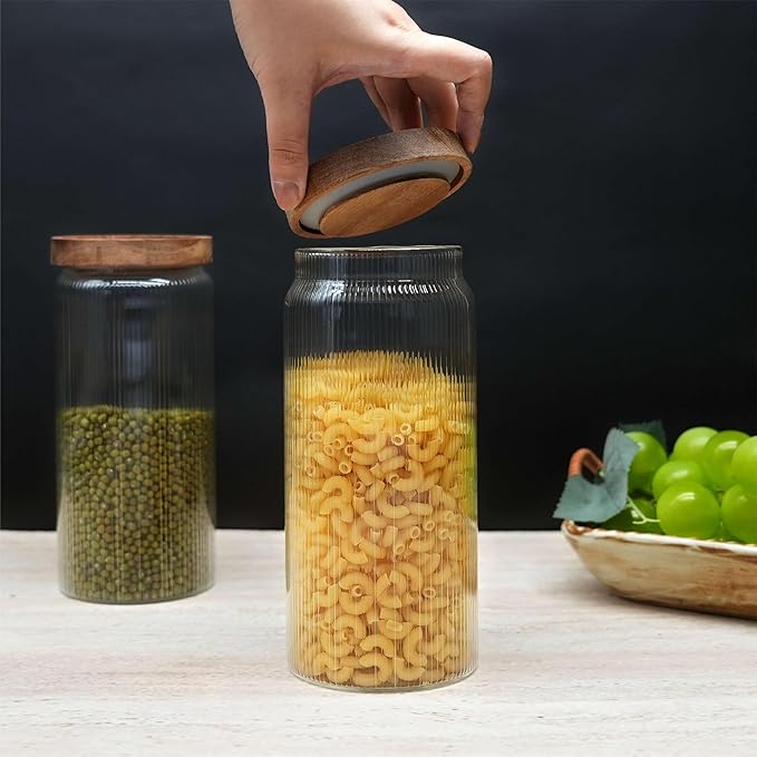Ribbed Glass Storage Jars Set of 2 – Airtight Food Canisters with Wooden Lids, Stackable Kitchen Organizers for Coffee, Tea, Spices & Dry Goods (25.4oz)