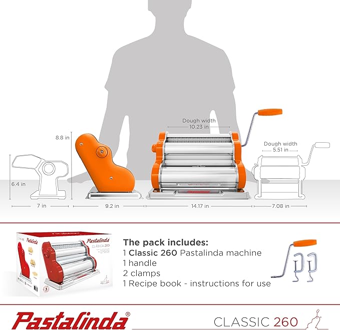 PASTALINDA Classic 260 Pasta Maker Machine, 26 cm Wide Rollers, 9 Thickness Positions, 2 Cutting Positions, Stainless Steel. Includes Reinforced Hand Crank And Two Clamps (Orange)
