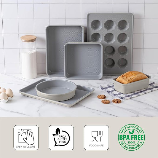 Country Kitchen Nonstick Stackable Bakeware Set - Durable, Easy Release Baking Set, Cream, 6 Pcs