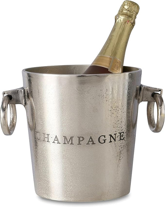 WHW Whole House Worlds Luxury Champagne Ice Bucket, Thick Gauge Walls, Handles, 7 Diameter, Handmade, Aluminum Nickel, Highly Polished, Silver Craft Finish