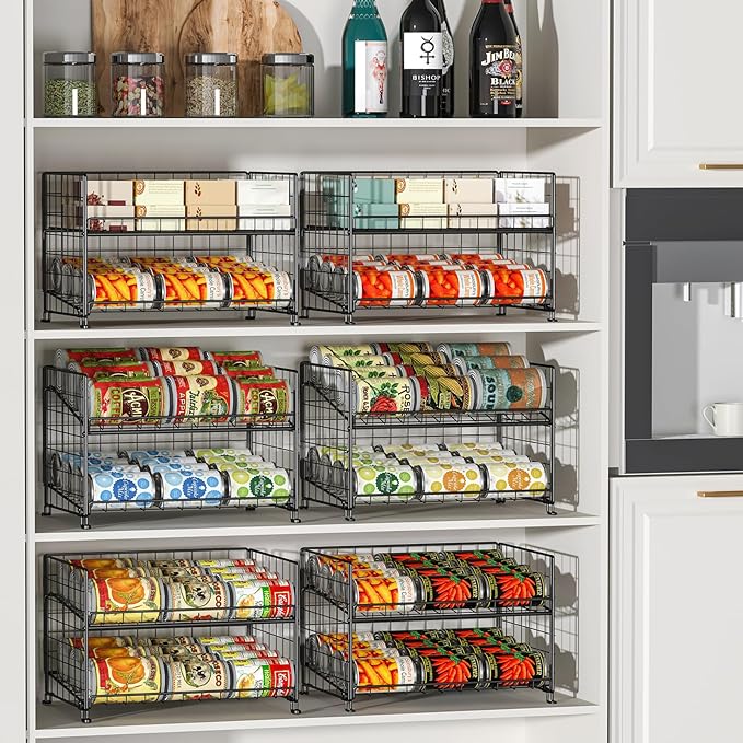 Adjustable Rack Organizer, Stackable 2-Tier Storage for Kitchen Pantry Cabinet, Can Holders for Food, Multifunctional Dispenser for Snacks Soda-3 Pack