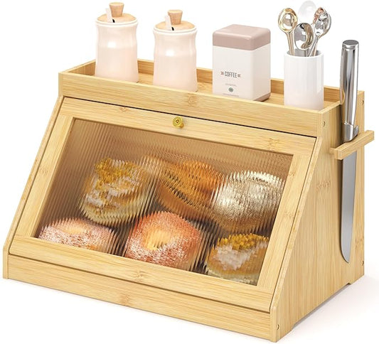 Bamboo Bread Box with Shelf for Kitchen Counter-Large Capacity Bread Storage Container with Wavy Arcylic Transparent Door Bamboo Wooden Farmhouse Bread Box for Your House (Nature)