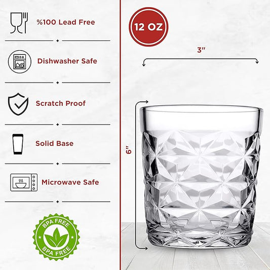 Premium Old Fashioned Whiskey Glasses Set of 12 – 12 oz Scotch & Bourbon Glasses, Heavy Solid Base Liquor Tumblers for Cocktail, Rum & Vodka – Crystal Design Barware, Gift for Men, Party, Home