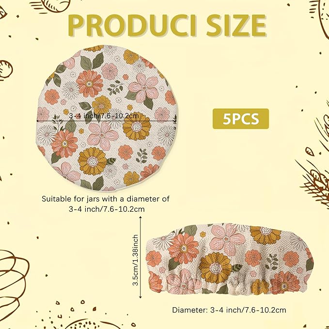 70s Retro Floral Flowers Sourdough Starter Jar Covers Reusable,Breathable Fabric Lids for Mason Jars,Wide Mouth and Regular Mouth(5 Pack)