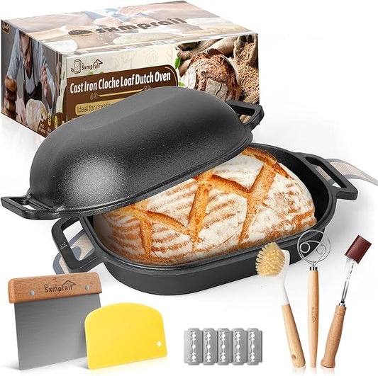 Cloche Loaf Dutch Oven, Pre-Seasoned, 7.4QT, 15 LBS Heavy Duty, Non-Stick, Large Bread Loaf Pan, Oval Cast Iron Bread Pan With Lid, Cloche Homemade Loaf Pan, Sourdough Artisan Bread Baking Pan