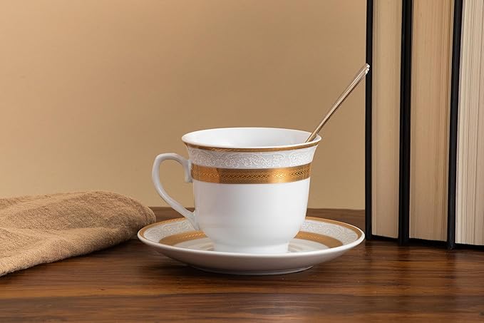 Porcelain Tea Set 8 Piece - 5.75 inch Saucers, 6.5 oz Cups - Elegant White with Gold Rope Design - Dish Set for Tea-Parties, Cappuccino, Vintage Kitchen Decor (Rope Gold 3008, 8 Piece)