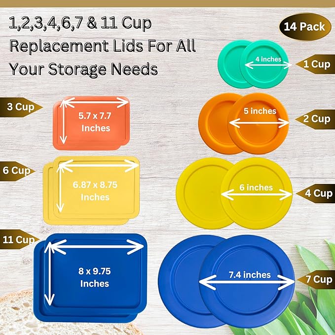 1, 2, 4 & 7 Cup Round & 3, 6, 11 Cup Rectangle Replacement Lids/Covers for Pyrex, Anchor Hocking & KlareWare Storage Bowls *Lids Only -Glass Container Not Included*, 14 Pack *2 of Each Size*