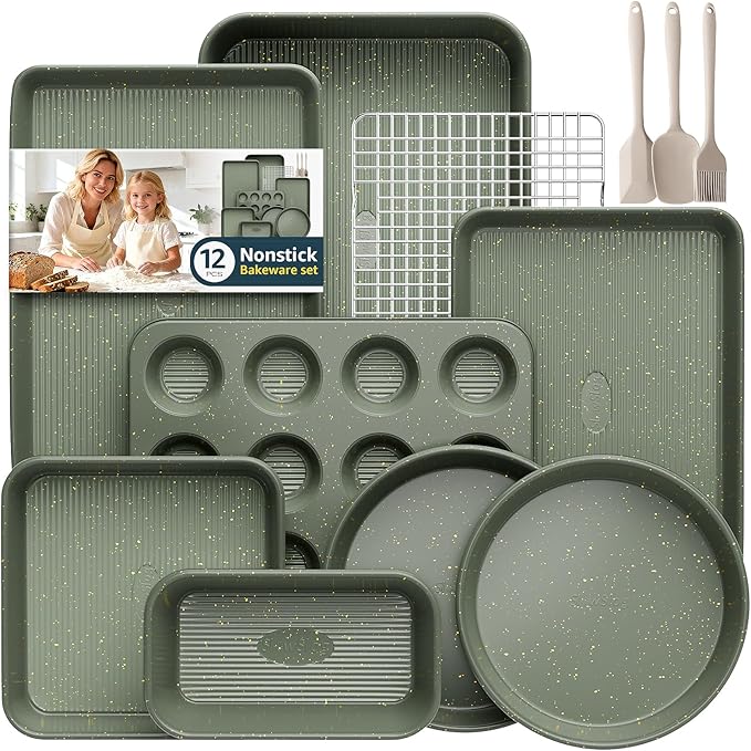 12-Piece Nonstick Baking Set, Non-Toxic Bakeware Sets with Baking Sheet, Cake Pan, Square Pan, Loaf Pan, Roasting Pan, Muffin Pan, Cookie Sheet, Cooling Rack & Kitchen Utensilss - Ceramic Coated Green