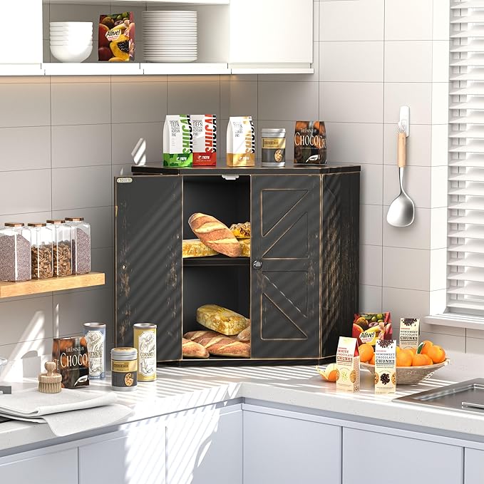 Corner Bread Box for Kitchen Countertop, Storage Container for Homemade Bread, Double Layer BreadBox, Large Capacity Bread Storage Bin, Vintage Farmhouse Breadbox Organizer,Antique Black