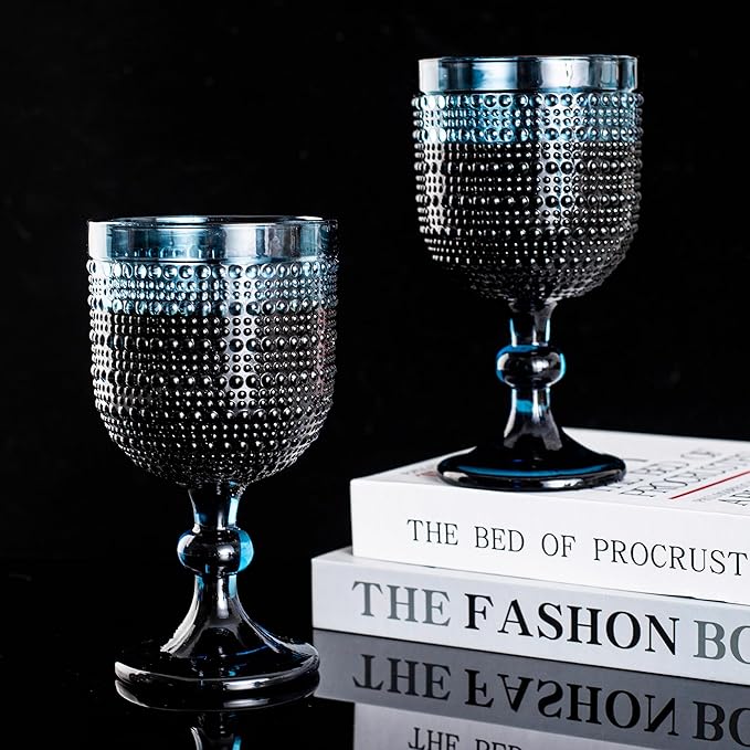 Bandesun Blue Hobnail Wine Glasses Set of 6 - Beads Goblet Glassware Vintage Drinkware