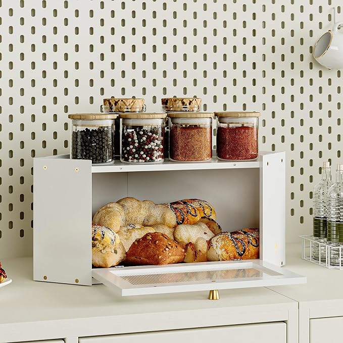 Corner Bamboo Bread Box for Kitchen Counter Large Capacity Rustic Bread Storage Container with Wavy Arcylic Transparent Door Vintage Storage for Homemade Bread (White)