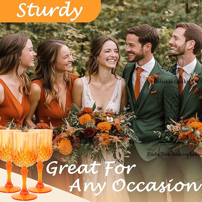 Plastic Wine Glasses，Plastic Goblets Vintage Style Cordial Drinking Glasses for Wedding Reception, Halloween Grand Event Party Supplies (12, Pumpkin orange)