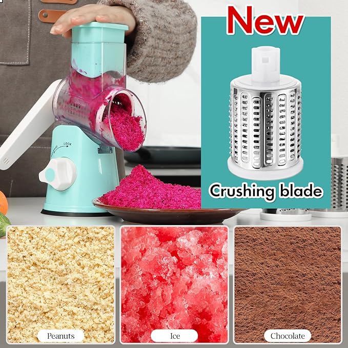 Ourokhome Rotary Cheese Grater Hand Crank, Kitchen Shredder Speed Mandolin Slicer Ice Shaver with Handle and Drum Blades for Cheese, Vegetable, Nuts, Chocolate, Potato, Carrot, 5 Blades, Blue