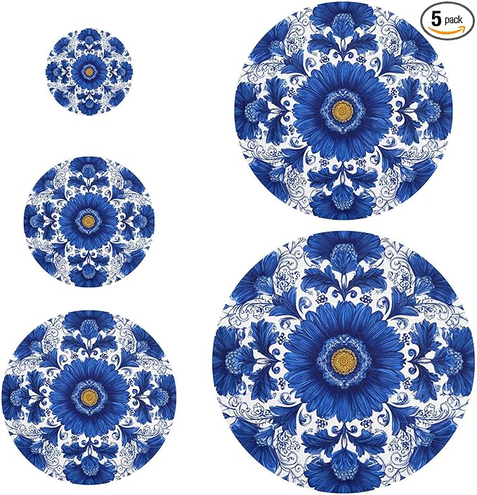 5 Pcs Bowl Covers Reusable in 5 Size Elastic Food Cover Cloth Lids Fresh Keeping Dish Cookware Bakeware Fabric Covers Lids for Food Leftovers Fruits Storage Blue and White Sunflowers