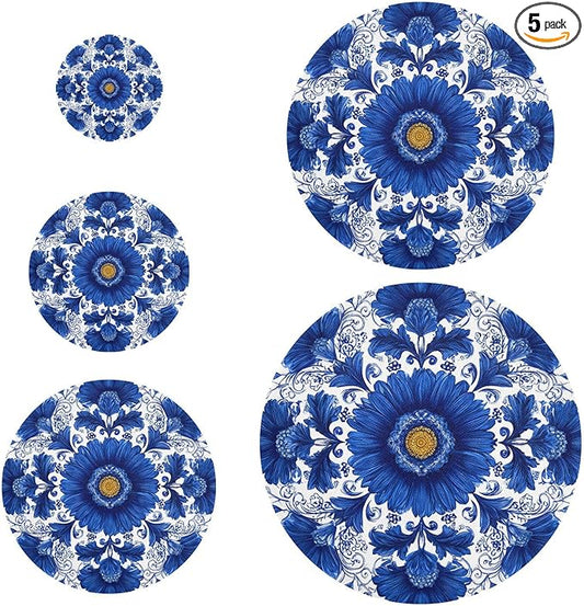 5 Pcs Bowl Covers Reusable in 5 Size Elastic Food Cover Cloth Lids Fresh Keeping Dish Cookware Bakeware Fabric Covers Lids for Food Leftovers Fruits Storage Blue and White Sunflowers
