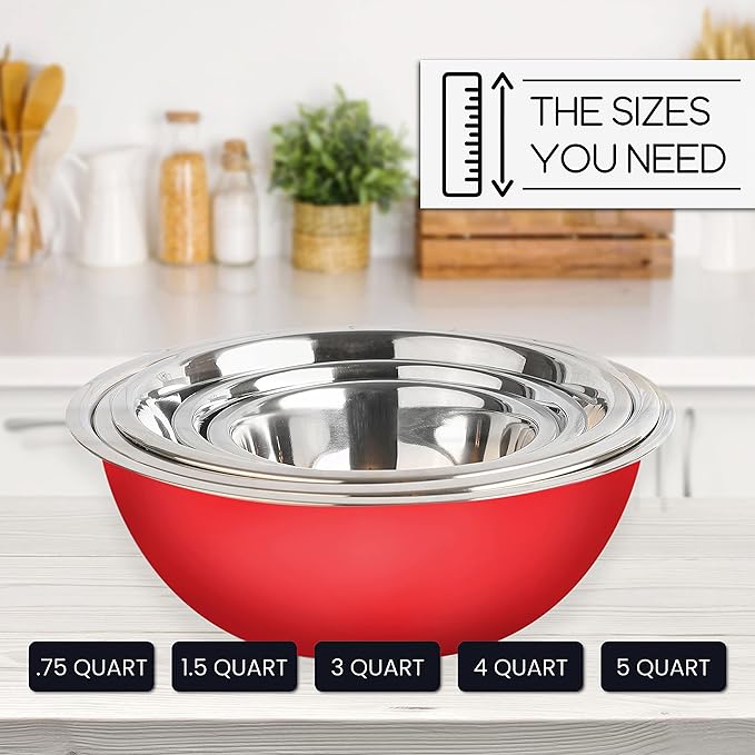 WHYSKO Meal Prep Stainless Steel Mixing Bowls Set, Home, Refrigerator, and Kitchen Food Storage Organizers | Ecofriendly, Reusable, Heavy Duty (Red)