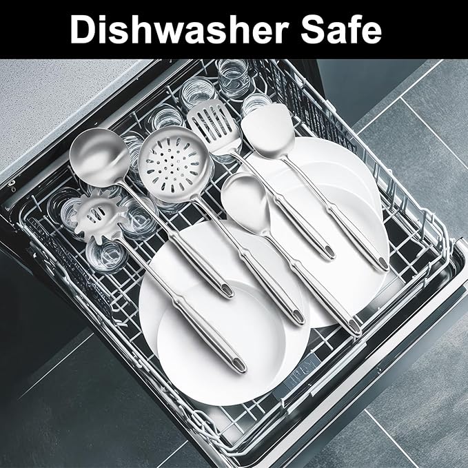 Stainless Steel Kitchen Utensils Set,6 PCS Metal Cooking Utensils Set,Large Spoon,Spaghetti Spoon,Wok Spatula,Skimmer,Soup Ladle etc(Dishwasher Safe)