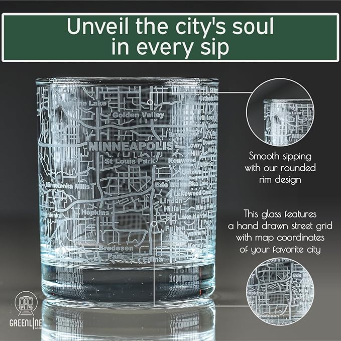 Greenline Goods Whiskey Glasses - 10 Oz Tumbler Set for Minneapolis lovers, Etched with Minneapolis City Map Old Fashioned Rocks Glass - Set of 2
