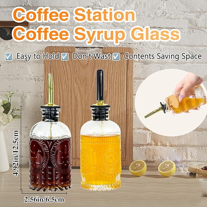 Oudizz Coffee Syrup Dispenser Set 2 Pcs - 200ml Syrup Dispenser Glass With Metal Pour Spout for Coffee Bar for Kitchen