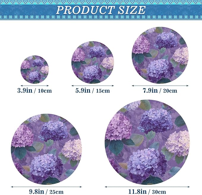5 Pcs Bowl Covers Reusable in 5 Size Elastic Food Cover Cloth Lids Fresh Keeping Dish Cookware Bakeware Fabric Covers Lids for Food Leftovers Fruits Storage Purple Cute Hydrangeas