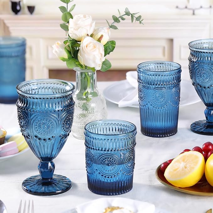 4Pcs Blue Wine Glasses, 12oz Glass Goblets, Vintage Drinking Glassware, Colored Glassware Set for Party Home Wedding Baby Shower