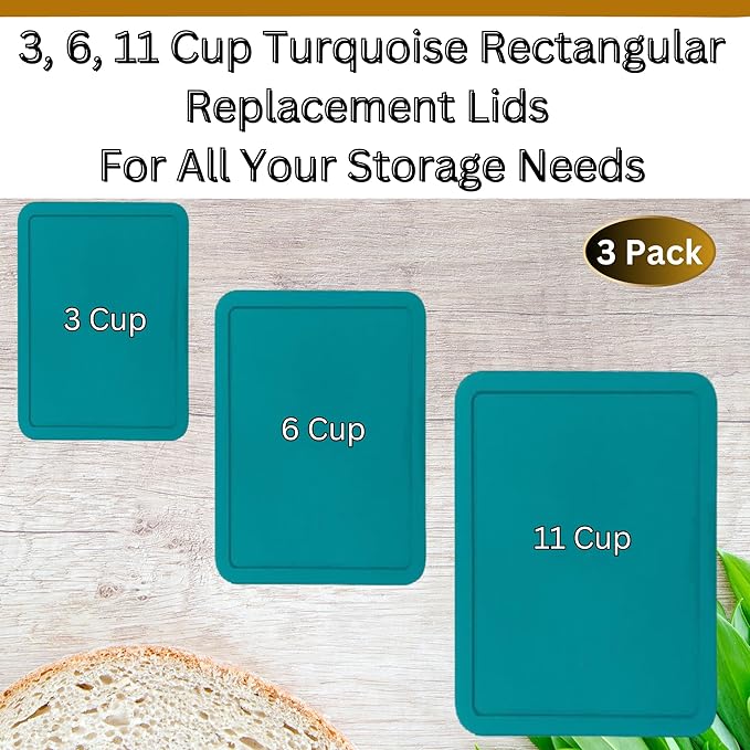 3, 6 & 11 Cup Turquoise Replacement Lids/Covers for Pyrex, Anchor Hocking & KlareWare Storage Bowls *Lids Only Glass Container Not Included* (3 Pack *One of Each Size*)