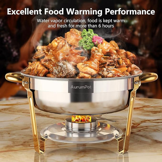 Chafing Dishes for Buffet 2 Pack, 6QT Food Warmers for Parties Buffet, Christmas Gatherings [Elegant Gold and Silver Colors] Stainless Steel Round Chafing Dish Buffet Set,Buffet Servers and Warmers