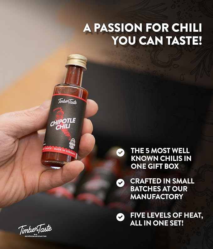 Chili Hot Sauce Bottle Set [5x1.35 oz] - Gifts for Men - For BBQ, Beef, Meat & Spicy Food Lovers - Little Thank You gift for Coworker, teacher, employee or Dad's Birthday by TIMBER TASTE®