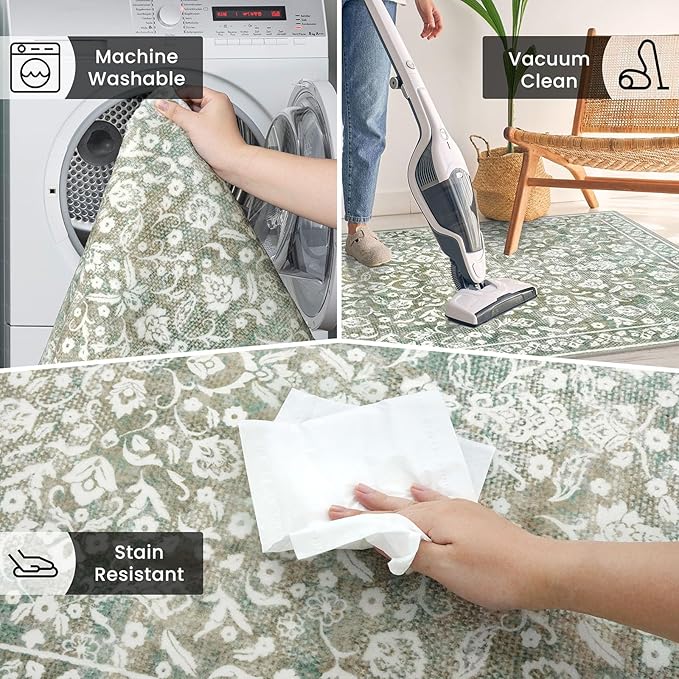 Vintage 2.6x16 Hallway Runner, Sage Green Beige Washable Non-Slip Long Hallway Carpet, Super Soft Kitchen Runner, Print Faux Wool Floral Thin Carpet for Entryway