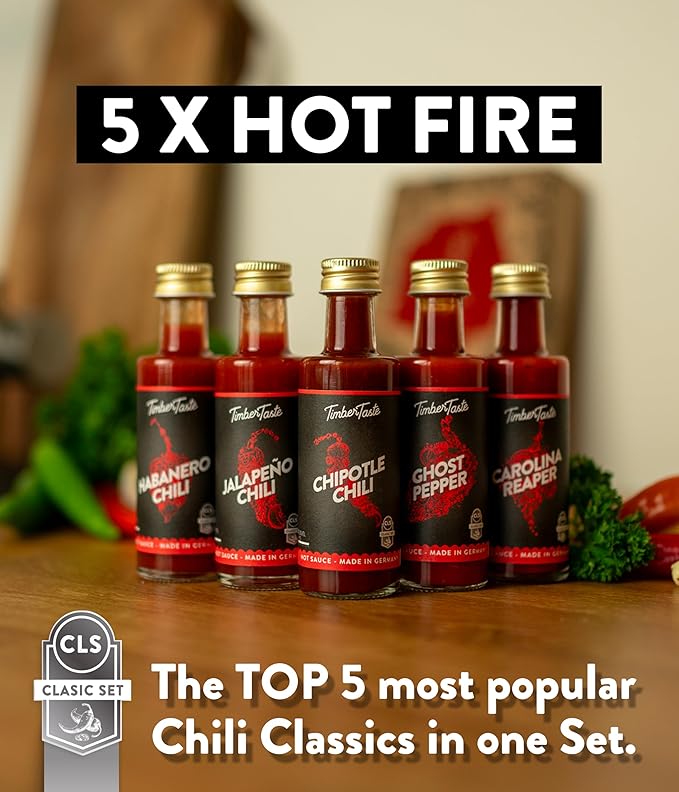 Chili Hot Sauce Bottle Set [5x1.35 oz] - Gifts for Men - For BBQ, Beef, Meat & Spicy Food Lovers - Little Thank You gift for Coworker, teacher, employee or Dad's Birthday by TIMBER TASTE®