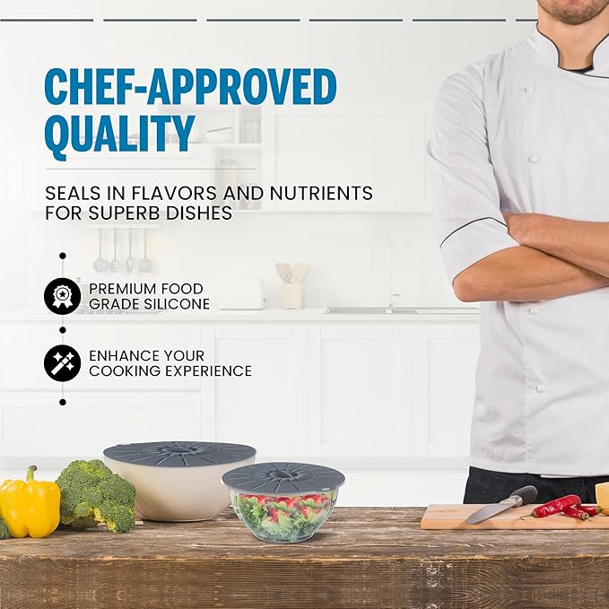 Microwave Cover Silicone Lids - Set of 5: 6, 8, 10, 12 and 13.8 inches - Suction Covers for Pots, Pans, Bowls, Cups, Skillets - Splatter Protection - Easy Food Storage - BPA Free