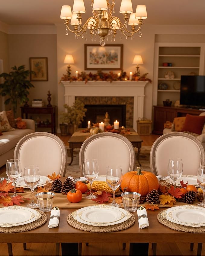 Nervure 350PCS Ivory Plastic Plates - Ivory Gold Plastic Dinnerware Sets for 50 Guests - 100 Gold Disposable Plates, 50 Pre Rolled Silverware Sets, 50 Cups Perfect for Wedding & Thanksgiving