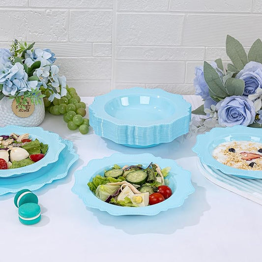 COLOSUS Light Blue Plastic Party Bowls (60 Pack) 12 Oz Disposable Soup/Salad Bowl, Fancy Shatterproof Dinnerware for Easter, Catering, Holidays, Weddings, and Everyday Use