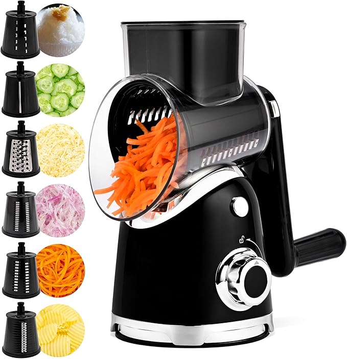 SUSTEAS Rotary Cheese Grater with Handle,Vegetable Slicer with 6 Interchangeable Blades, Reinforced Suction,Easy to Clean,Kitchen Shredder for Crushed Ice,Fruits and Nuts with Blade Storage Case,Black