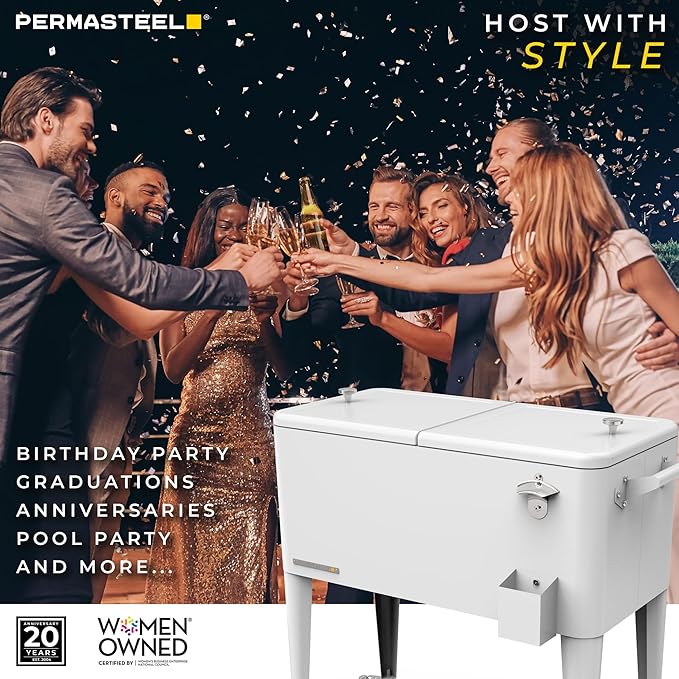 Permasteel 80 Quart Party Cooler, Rolling Ice Chest with Wheels and Handles for Indoor Outdoor Patio