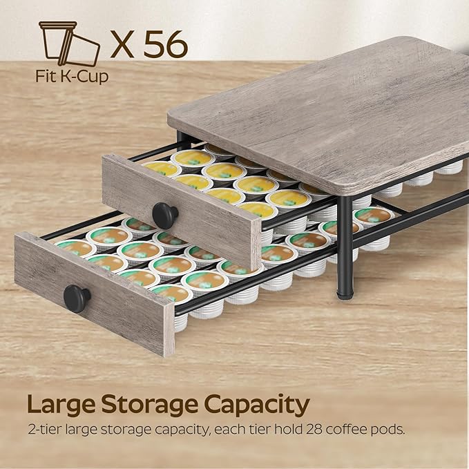 Coffee Pod Drawer Holder for K Cup, 56 Pods Capacity, 2 Tier Organizer for K Cup, Coffee Pod Organizer for Countertop, Space Saving, Easy Assembly, Greige and Black KH28BGY1