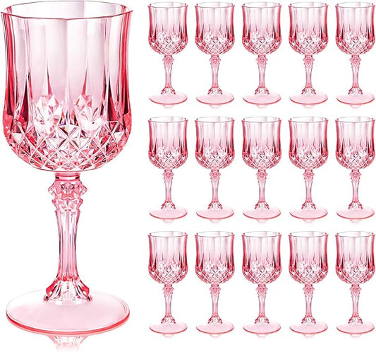 Ciaell 24PCS Pink Plastic Wine Glasses - 7 Oz Plastic Goblets for Party - Pink Vintage Drinking Glasses - Disposable Water Goblets Set for Wedding, Bar, Wine, Beer, Juice, Cocktail, Whiskey