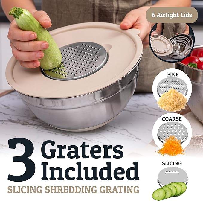 Priority Chef 6Pc Large Mixing Bowls With Lids Set with Non-Slip Bases, Stainless Steel Mixing Bowl Set, 6 Airtight Lids and 3 Graters, Khaki