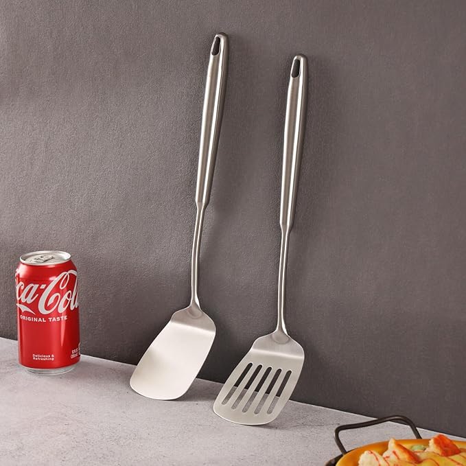 18/10 Stainless Steel Spatulas Set - All Metal Spatulas for Kitchen Use or Outdoor Grilling, 14.7″ Long, Non Toxic, Heavy Duty, Commercial, Chef Grade - 1 Slotted Spatula + 1 Solid Turner for Cooking