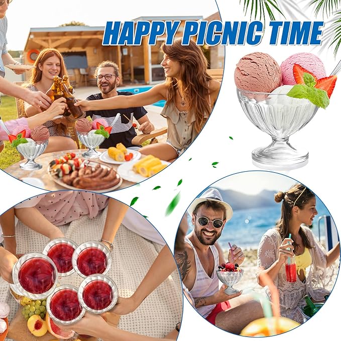 24 Pcs 8 oz Plastic Ice Cream Dessert Bowls Sundae Trifle Cups Bulk Clear Footed Milkshake Bowl Small Parfait Mousse Crystal Dish Holder Salad Condiment Fruit Holiday Wedding Picnic Party Favor