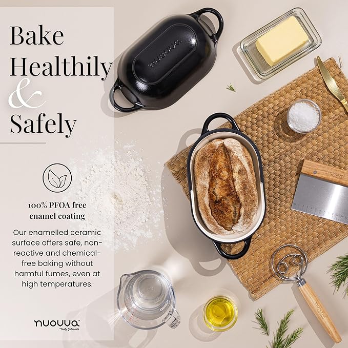 nuovva Dutch Oven For Sourdough Bread Baking – Enamelled Cast Iron Bread Loaf Pot – Oven Safe Non Stick Bread Pot – Rectangular, Black, 24cm x 16cm