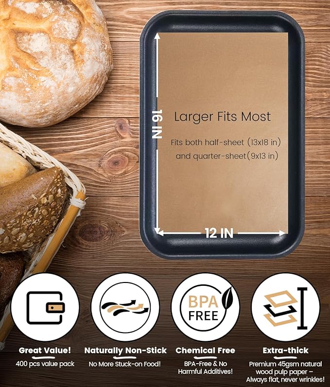 400PCS Unbleached Parchment Paper Sheets for Baking 12x16 Inches, Non-Stick and Non-Toxic Pre-cut Parchment Sheets for Oven, Cooking, Grilling, Air Fryer and Steaming - Fit for Half Sheet Pans, Brown