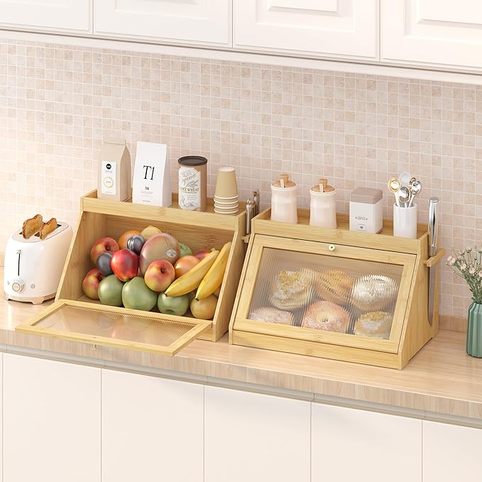 Bamboo Bread Box with Shelf for Kitchen Counter-Large Capacity Bread Storage Container with Wavy Arcylic Transparent Door Bamboo Wooden Farmhouse Bread Box for Your House (Nature)